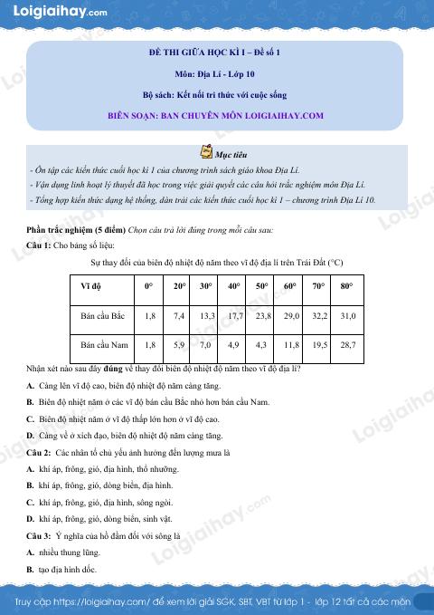 Đề thi học kì 1 Địa lí 10 - Đề số 1